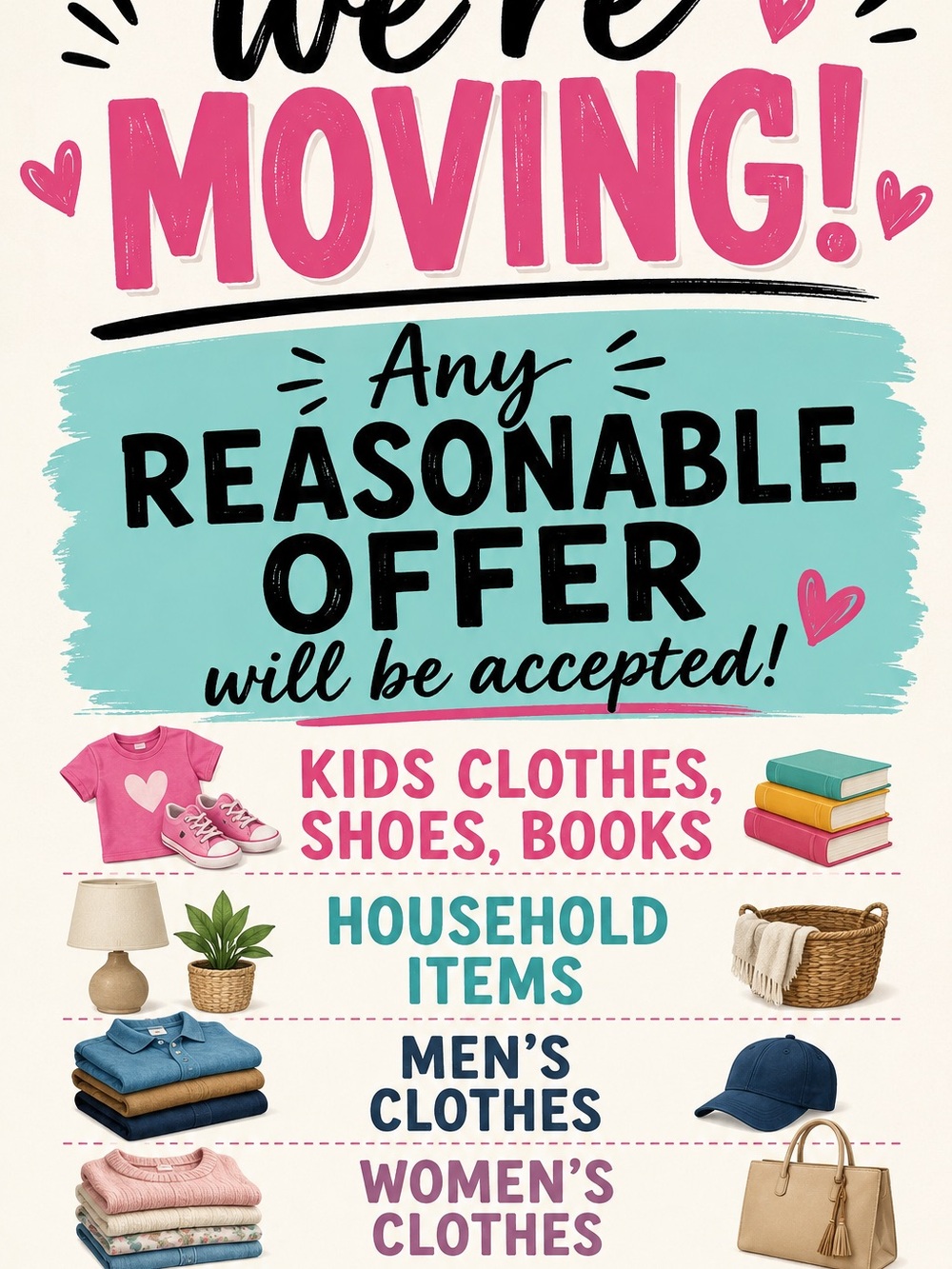 Moving Sale Poster - 'We're Moving' Pink & Teal Print